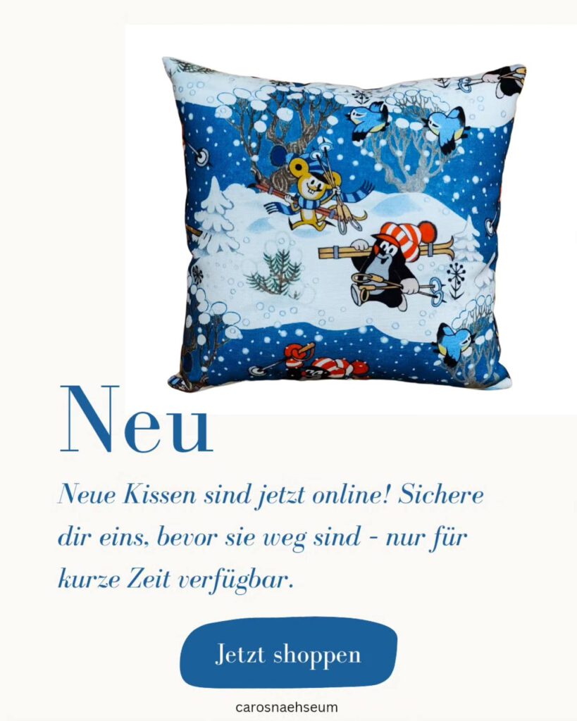 Handgenähtes Kleiner Maulwurf Kissen mit Wintermotiv von Caros Nähseum